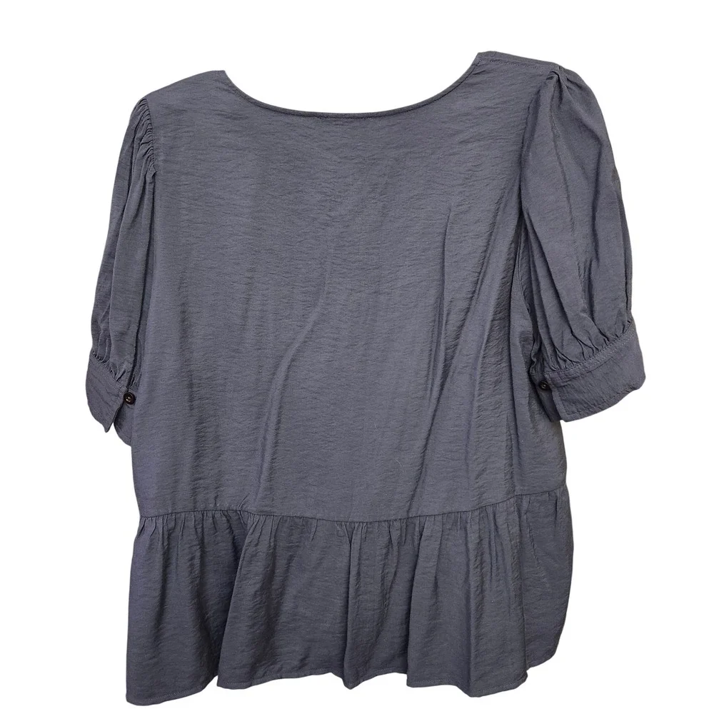 Madewell Women's Blue Button Front Drapeweave puff sleeve XL peplum top Coastal